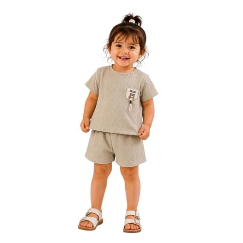 Generic Girls Summer Set, Short Sleeve T-Shirt and Shorts with Elastic Waist, Soft Cotton, Cute Bear Design, Light Blue and Cream, Sizes 1-4 Years Coordinated outfit