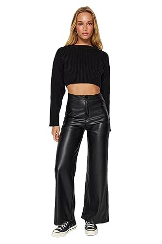 Trendyol Woman Faux Leather Wide Leg Pocket Detailed Knitted Trousers TWOAW24PL00103 Trousers Pants