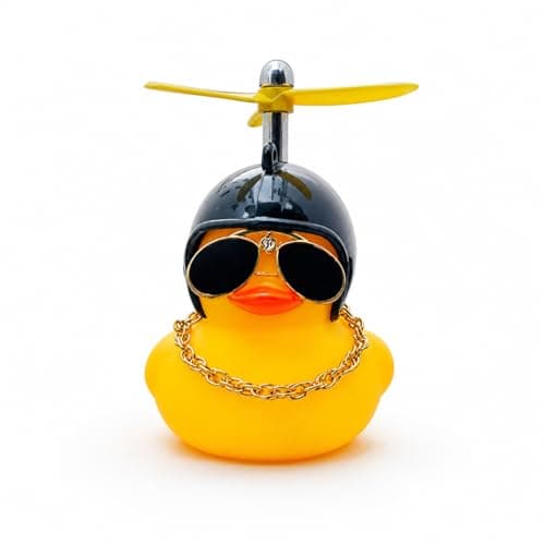 Cool Rubber Duck Car Dashboard Ornament with Propeller Helmet - Yellow Duck Motorcycle Handlebar Decoration with Sunglasses & Gold Chain - Funny Car Interior Accessory & Stress Relief Figurine