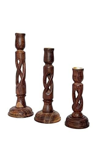 Sheesham Wood Candle Holder 3pc Set Indian Handmade Decorative Carved
