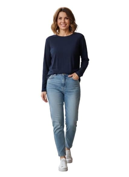 NG Women's Long Sleeve Ribbed Knit Top, Crew Neck Casual T-Shirt