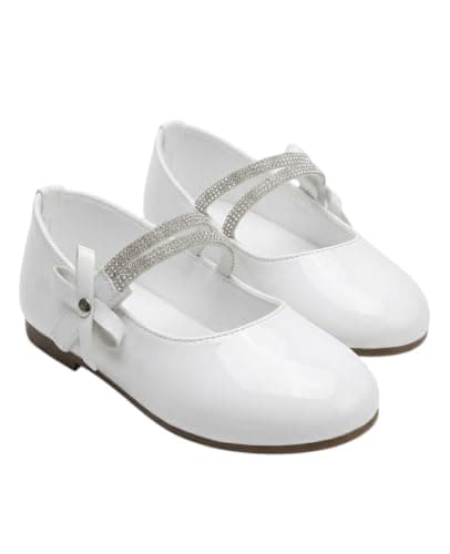 OG Girls White Patent Ballet Flats for Kids – Rhinestone Strap Dress Shoes with Bow – Toddler & Little Girls Mary Jane Flats