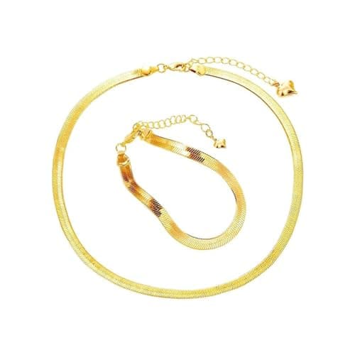 Julia Store 18K Gold Plated 5mm Stainless Steel Snake Chain Necklace Flat Herringbone Choker Necklace Bracelets,Adjustable Dainty Simple Chunky Collar Jewelry Set