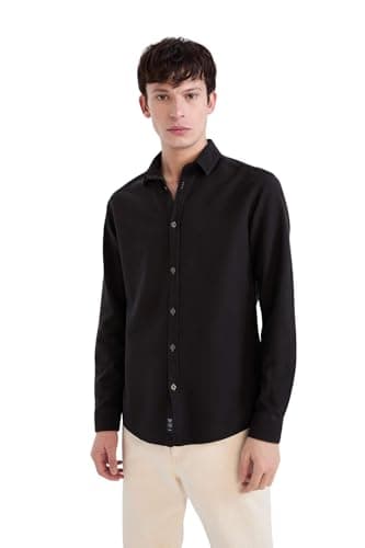 DeFacto Man Slim Fit Regular Regular Black Woven Top Long Sleeve Shirt, Black XXL