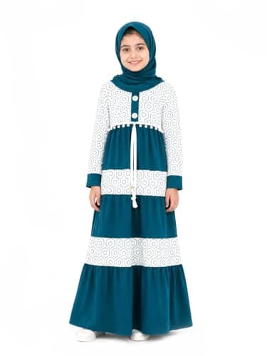 Girls Tiered ISDAL, Geometric Print, Long Sleeve, Modest Wear - Petrol and White Dress