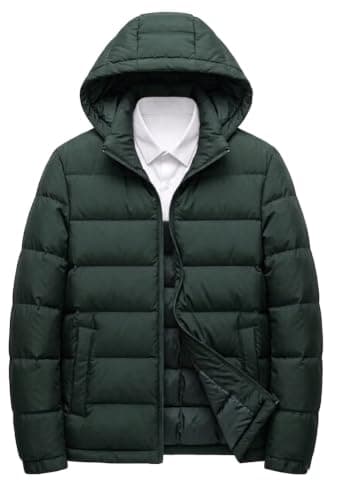 Waterproof Men's Quilted Puffer Jacket with Hood, Dark Green | Zip Closure, Winter Outerwear, Padded Insulation, Stand Collar, Side Pockets Coat