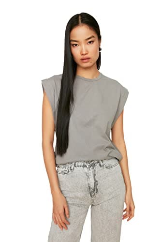 Trendyol Women 100% Cotton Wadding Look Basic Crew Neck Knitted T-Shirt TWOSS20TS0021 T-Shirt (pack of 1)