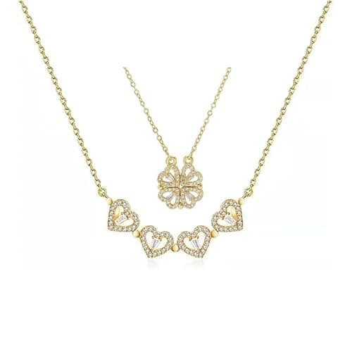 Julia Store 2-In-1 Lucky Clover Leaf Cute Heart Necklace Tiny 14k Gold Heart Pendant Choker Necklaces Small Gold Love Open Heart Chain Necklace for Women Dainty Gold Necklace Gifts for Her