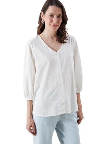 LC WAIKIKI V Neck Hole Knitted Broderie Blouse, 42 - Ecru