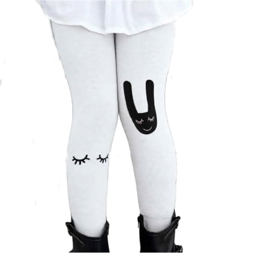 Girls White Leggings with Bunny and Eyelash Print (8years) | Cartoon Knee Print, Kids Tights, Casual Wear, Stretchy Fit, Girls Bottoms Pants