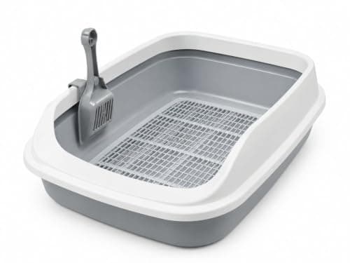 Cat Litter Tray with Sifting Grid and Scoop, Grey | Includes Litter Scoop, Sifting Grid Insert, Open Top Design, Easy Cleaning, Durable Plastic Litter box