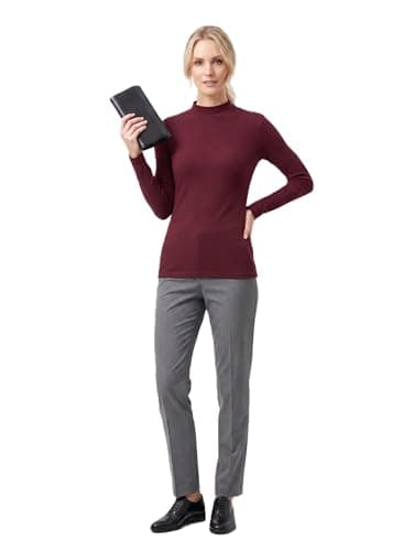 Women's High Neck Burgundy Long Sleeve Ribbed Fashion Business Fashion Sweater
