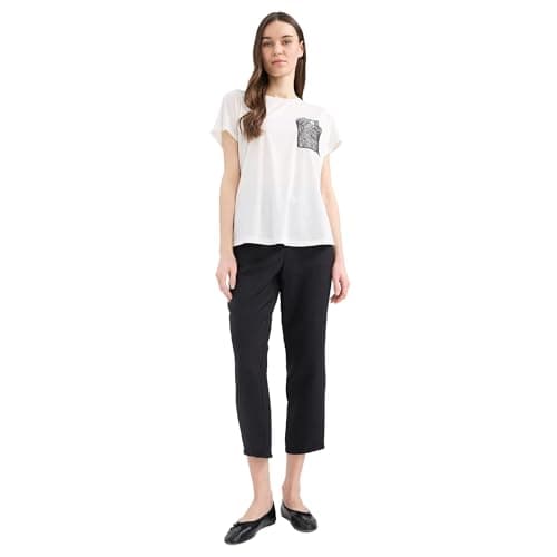 DeFacto Woman Traditional Regular Fit Bike Neck Short Sleeve Knitted Short Sleeve T-Shirt,Ecru L Blanket