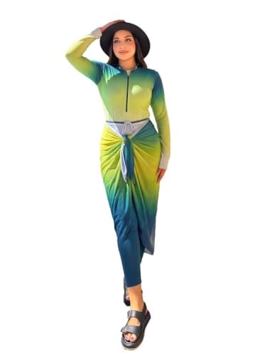 Women's Modest Burkini Swimsuit 5-Piece Set – Ombre Zip Rash Guard Top, Leggings, Skirt, Wrap Cover-Up & Swim Cap From La Vie Model LV-BRK-177 Swimwear