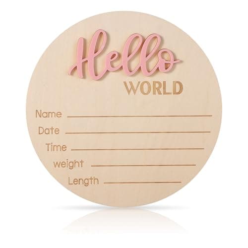 Newborn Announcement Sign, 15cm Wooden Hello World Baby Welcome Sign Birth Baby Name Plaques for Newborn Boys And Girls Photo Prop Baby Shower Hospital Nursery (Light Pink) Decorative signage