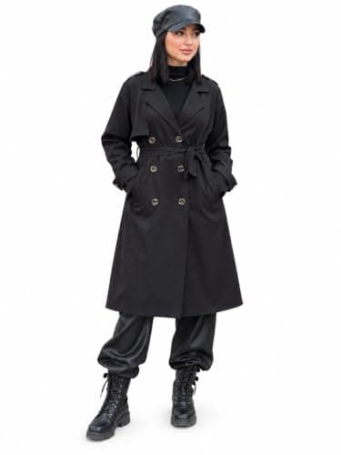 Women's Belt Trench Coat - Black | Double Button, Long Cut