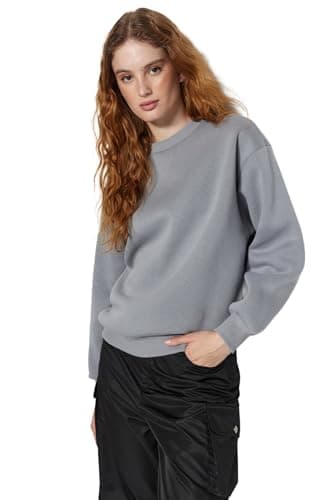 Trendyol Womens Gray Thick Inside Fleece Regular/Normal Fit Crew Neck Basic Knitted Sweatshirt TWOAW24SW00101 Sweatshirt (pack of 1)