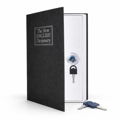 Book Safe with Lock and 2 Keys, Hidden Safe Lock Box, Metal Dictionary Diversion Safe for Cash, Jewelry, Passport and Valuables, 24 x 15.5 x 5.5 cm (Black)