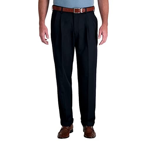 Haggar Men's Mynx Gabardine Pleat-Front Dress Pant with Hidden Expandable Waist, Navy, 32W x 32L