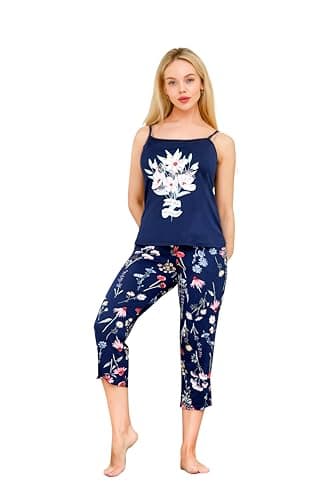 Dadosh Women's Spaghetti Strap Pyjama Set, Polyester, Floral Print, Capri Pants - Capri Pajama Set for Women