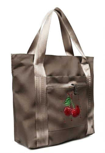 Waterproof Women's Tote Bag Gray with Cherry Embroidery | Front Zip Pocket, Cherry Embroidery