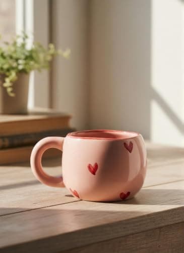 Haneen Pink Ceramic Mug Hand-Painted Hearts Coffee Tea Cup Daily Gift
