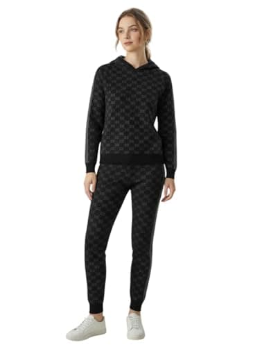 Miza Women's Monogram Cotton Tracksuit, Black, One Size 50-90 kg, Hoodie and Jogger Set Track suit