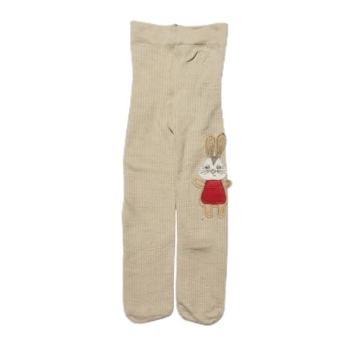 Toddler Girls' Warm Ribbed Tights with Bunny Embroidery, Beige (4years) | Girls Legwear, Elastic Waistband, Ribbed Knit, Cartoon Patch, Soft Fabric