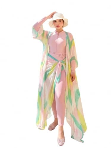 Women's Modest Burkini Swimsuit 5-Piece Set – Full Body Swim Jumpsuit, Pastel Watercolor Chiffon Kimono, Maxi Sarong, Skirt & Swim Cap From La Vie Model LV-BRK-235