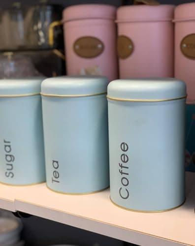Generic Kitchen Storage Canisters Set, Metal Tea Coffee Sugar Containers, 1 kg Capacity, Light Blue with Gold Trim, 3-Piece .soh Food storage container