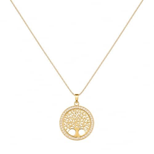 Gold Tree of Life Necklace Round with Crystal Stones Elegant Thin Chain