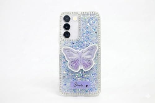 Butterfly Crystal For (Samsung S22) Protective Case Glittery Back Cover Rhinestone Frame For Girls Shockproof Protection For Girls (Blue) Cellular phone case