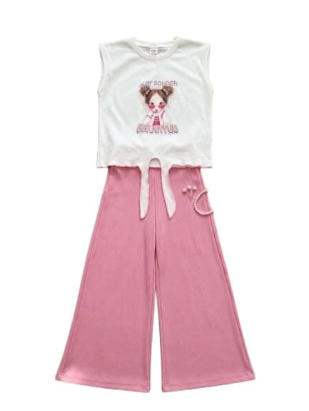 Billion Girls Graphic Sleeveless Tie-Front Top & Ribbed Wide-Leg Pants Set – Summer 2-Piece Outfit SG26-601 Coordinated outfit