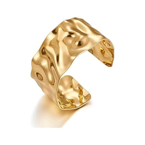 Julia Store 18K Gold Plated Stainless Steel Chunky Cuff Bracelets for Women Vintage Boho Wide Bangle Bracelets Irregular Statement Bracelet Thick Arm Cuff Gold Bracelet