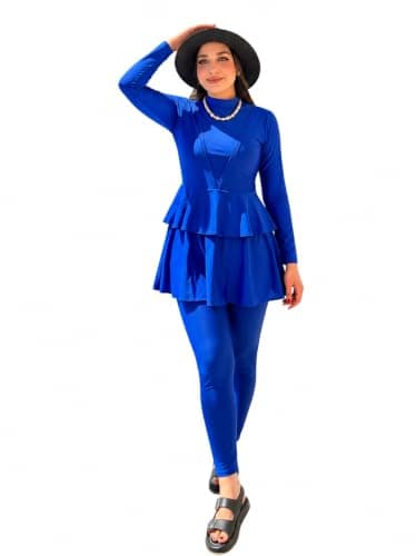 Women's Modest Burkini Swimsuit 3-Piece Set – Double Tiered Ruffle Peplum Swim Tunic, Leggings & Swim Cap From La Vie Model LV-BRK-218