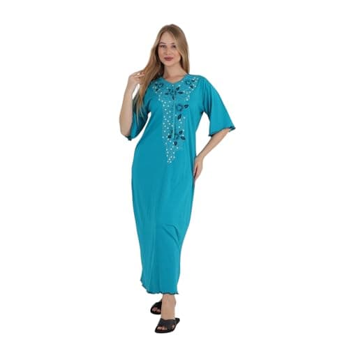 ZECOTEX Women's Cotton Embroidered Maxi Nightgown – Elegant Floral Embroidery | Loungewear Dress with Tassel Detail | Made in Egypt | Sizes L To 5XL Nightgown nightshirt