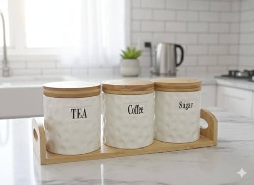 Generic Tea, Coffee and Sugar Canister Set, White with Lids, Bubble Texture, Includes Wooden Tray, 3 Piece, .sew