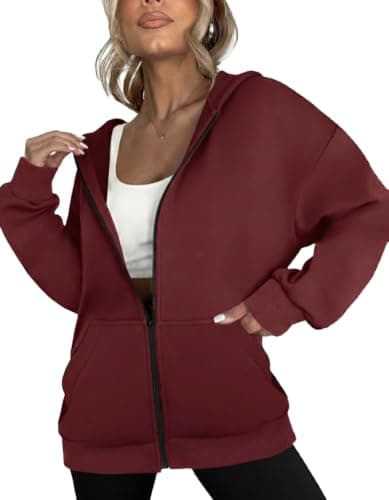 Women's Oversized Zip-Up Hoodie, Wine Red, Fleece, Long Sleeve, Casual Sweatshirt with Pockets