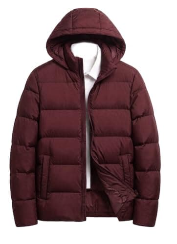 Waterproof Men's Hooded Puffer Jacket, Wine Red, Quilted Winter Coat | Zip-Up Closure, Side Pockets, Padded Insulation, Cold Weather Wear, Relaxed Fit