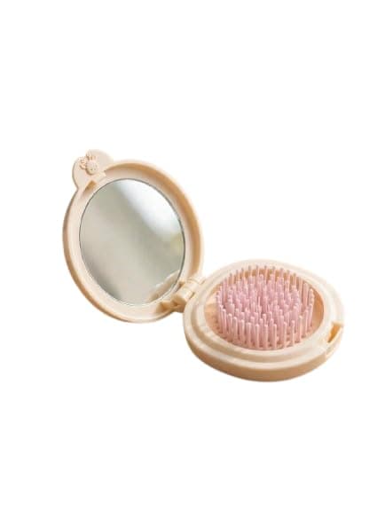 Compact Travel Hair Brush with Mirror, Foldable Round Comb-Beige-Y1 | Built-In Mirror, Pocket-Sized, Flip Cover Design, Travel Friendly, Detangling Bristles