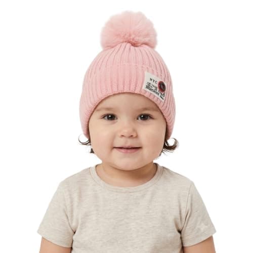 Baby Knit Beanie Hat, Pink Ribbed Winter Cap(6-24 Months) | Fluffy Pom Pom Top, Ribbed Knit Design, NYC Patch Label, Infant Size, Cold Weather Wear