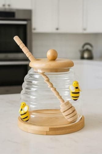 Generic Glass Honey Jar with Wooden Lid, Dipper and Bamboo Tray, Beehive Style, Bee Decorations, .kl