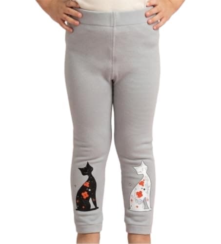 Girls' Grey Leggings with Floral Cat Print(4 years) | Elastic Waistband, Ribbed Fabric, Black & White Cats, Kids' Bottoms, Casual Wear Pants