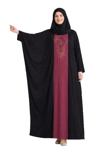 Women's Abaya Set with Embroidered Detail, Modest Islamic Wear, Full Length - Black and Dusty Rose - One Size Dress