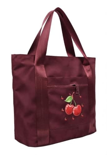 Waterproof Women's Tote Bag Gray with Cherry Embroidery | Front Zip Pocket, Cherry Embroidery