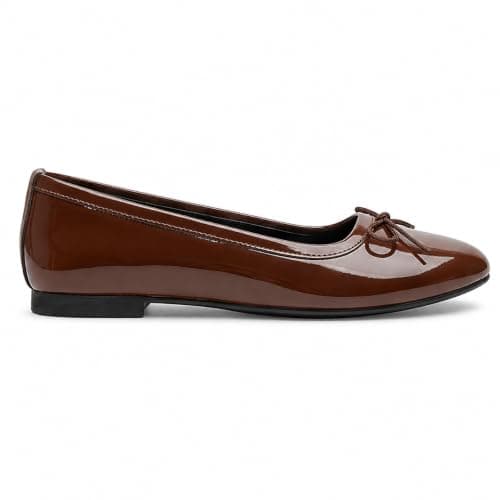 OG Women's Classic Ballerina Flat Glossy Brown, Patent Leather Look, Bow Detail, Round Toe Shoes