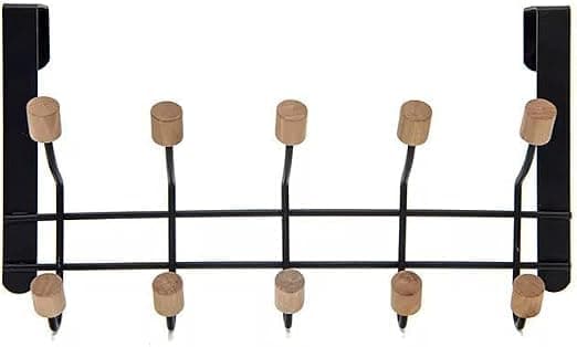 Black Metal and Wood 10 Hook Behind The Door Hanger – Nail Free Clothes Hanger for Organizing Clothes, Bags, Towels – Practical AM Design