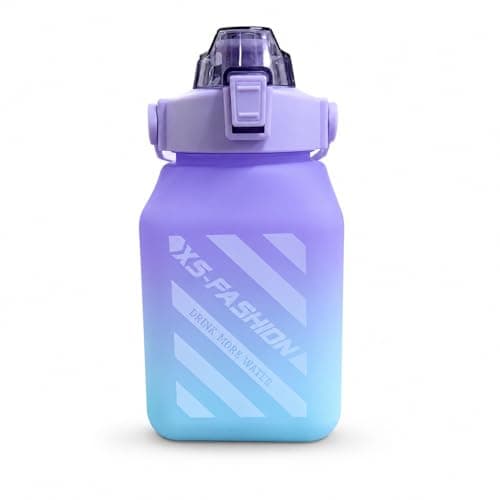 Water Bottle 1.5L, Sports Bottle with Straw Lid, Leak-Proof BPA-Free Square Drinking Bottle with Carrying Straps for Gym Fitness Office Travel Outdoor, Purple Blue