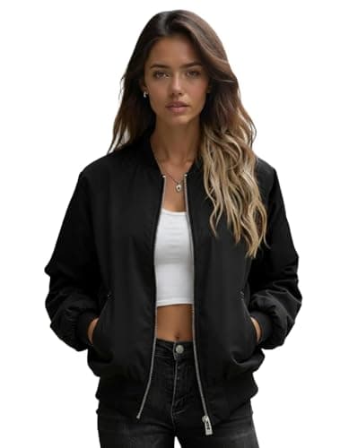 Women's Bomber Jacket, Black, Zip-Up, Ribbed Cuffs, Side Pockets, Casual Style Coat