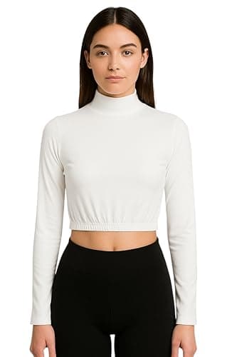 MEZA Women's High Neck Crop Top - Stomac Women's Long Sleeve Fashion Elastic Crop Top for Daily and Athletic Use Shirt